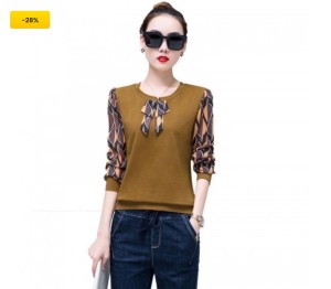 Women Spring Autumn Style Blouses Shirts Lady Casual Patchwork O Neck Long Sleeve Bow Tie Decor Blusas Tops DF2987